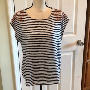 THML top, blue/white with orange stitching